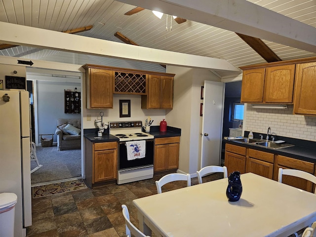 kitchen with sink, wood ceiling, white appliances, ceiling fan, and backsplash