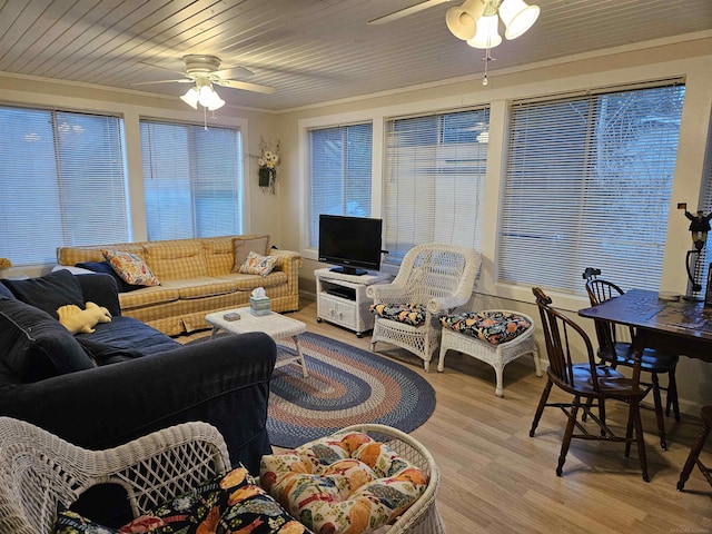 living room featuring ceiling fan, hardwood / wood-style floors, and wooden ceiling