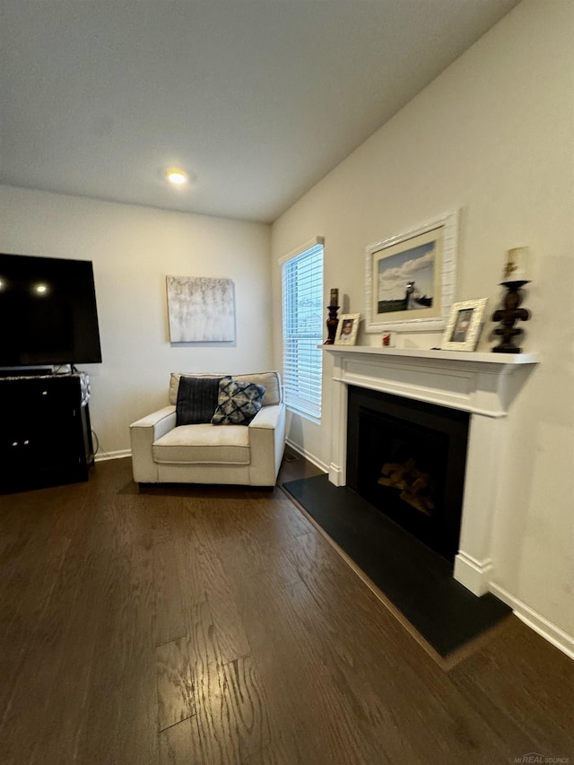 living room with dark hardwood / wood-style flooring