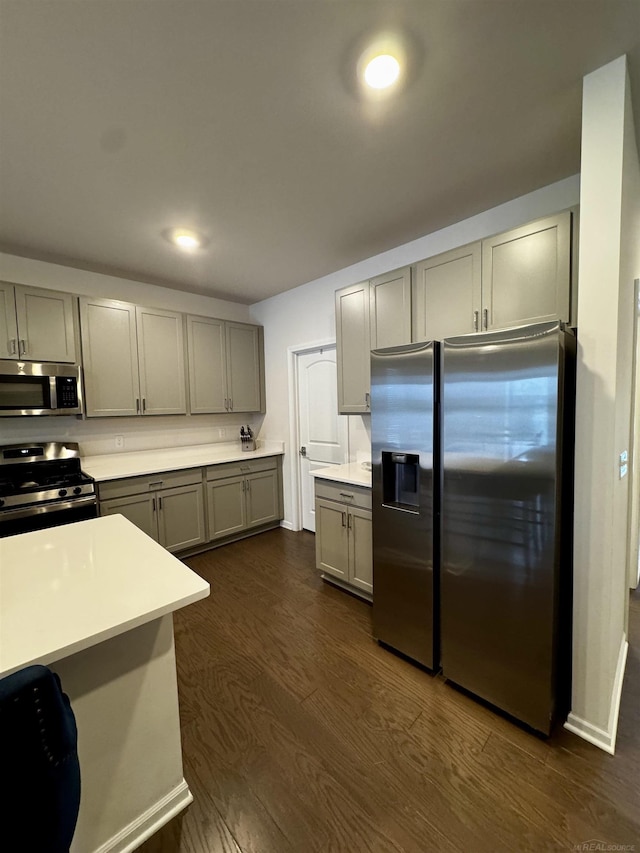 kitchen with gray cabinetry, dark hardwood / wood-style flooring, and stainless steel appliances