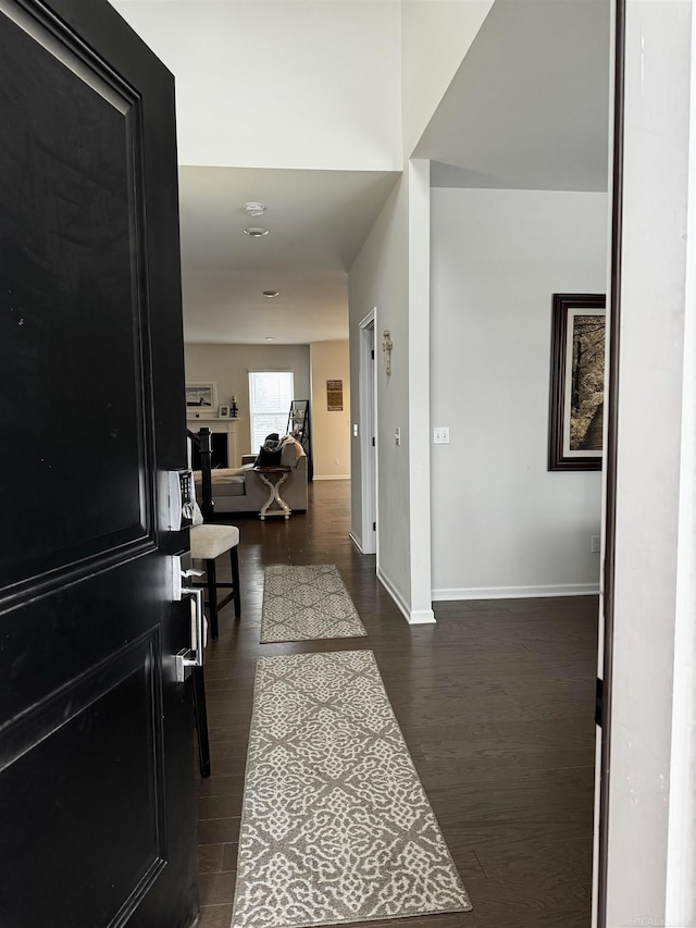 hall with dark wood-type flooring