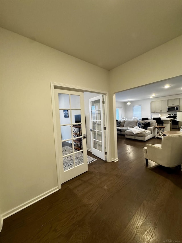 interior space with dark hardwood / wood-style floors and french doors