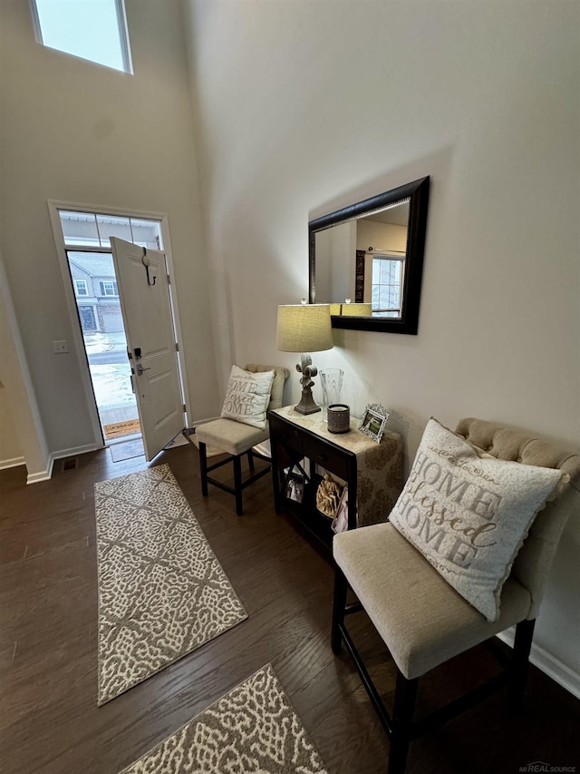 entryway featuring dark hardwood / wood-style floors and a high ceiling