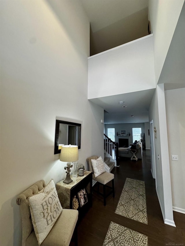 interior space featuring dark wood-type flooring and a towering ceiling