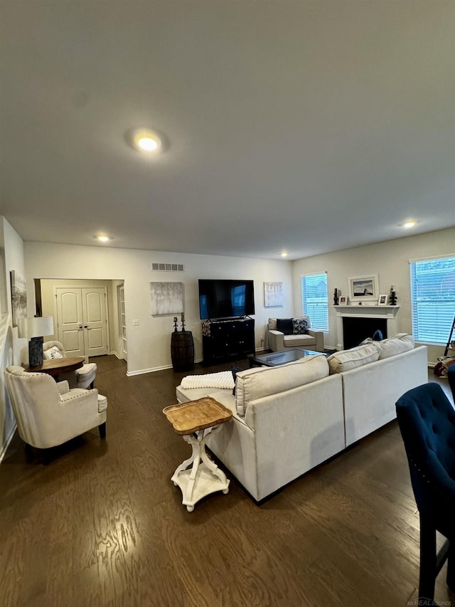 living room featuring a wealth of natural light and dark hardwood / wood-style floors