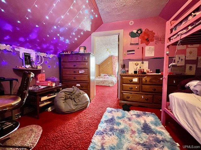 carpeted bedroom featuring vaulted ceiling and a textured ceiling