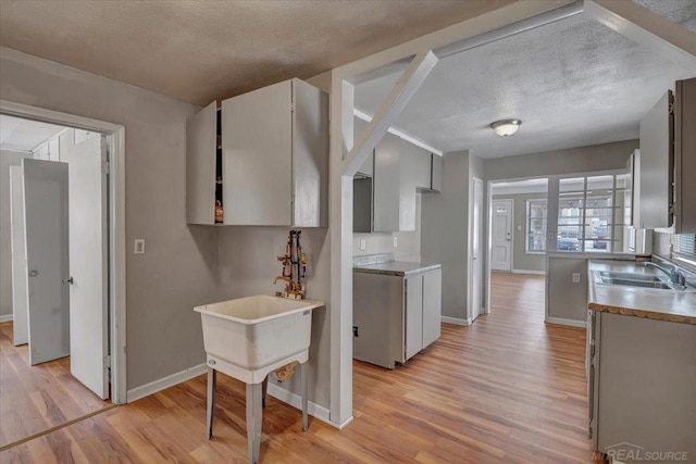 kitchen with sink, light hardwood / wood-style floors, and a textured ceiling