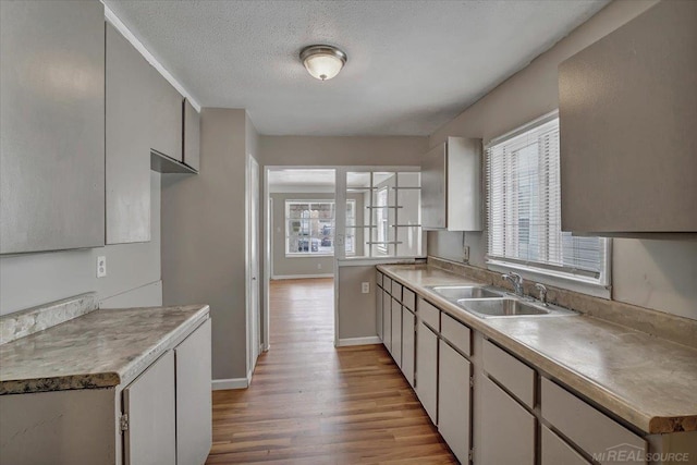 kitchen with sink, a textured ceiling, and light wood-type flooring