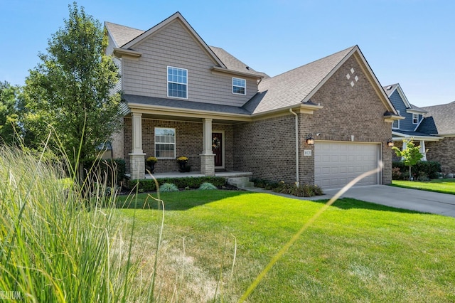 craftsman house featuring a garage, covered porch, and a front lawn