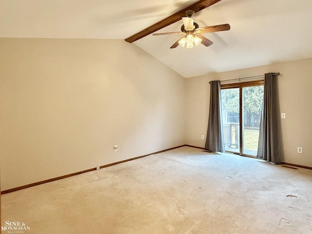 spare room featuring light carpet, vaulted ceiling with beams, and ceiling fan