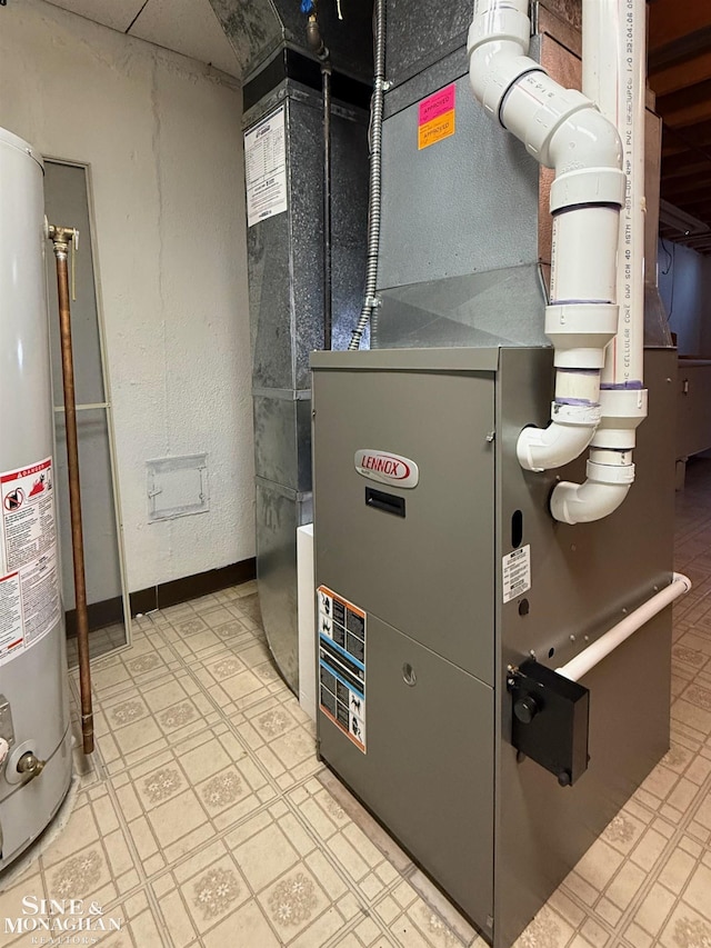 utility room with gas water heater and heating unit