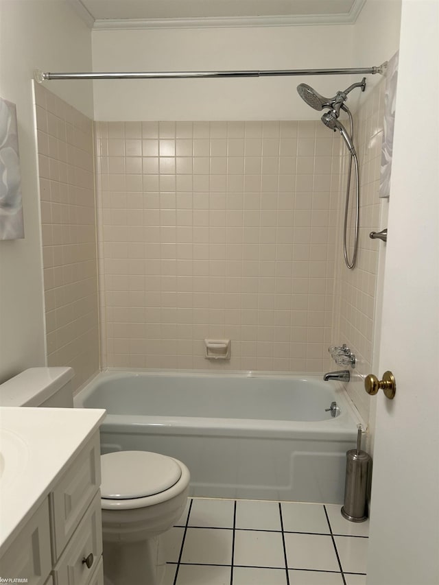 full bathroom with vanity, ornamental molding, tile patterned floors, and toilet