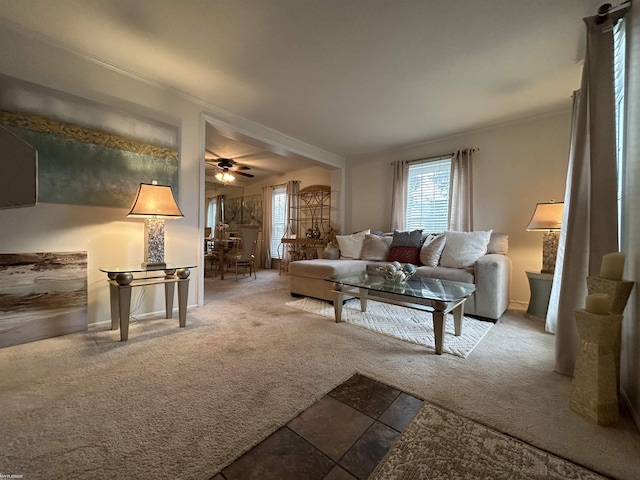 living room with crown molding, carpet floors, and ceiling fan