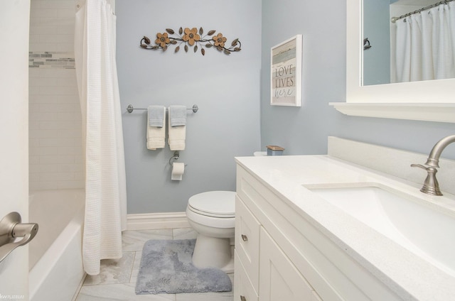 full bath with marble finish floor, shower / tub combo, vanity, baseboards, and toilet