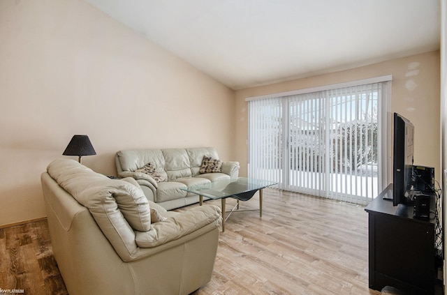 living area featuring light wood finished floors and vaulted ceiling