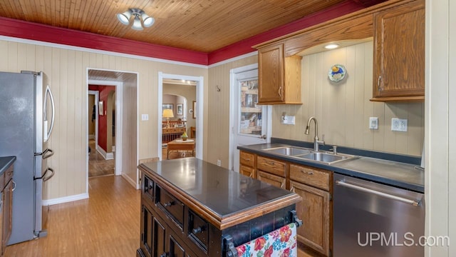 kitchen featuring sink, wood ceiling, light wood-type flooring, and appliances with stainless steel finishes