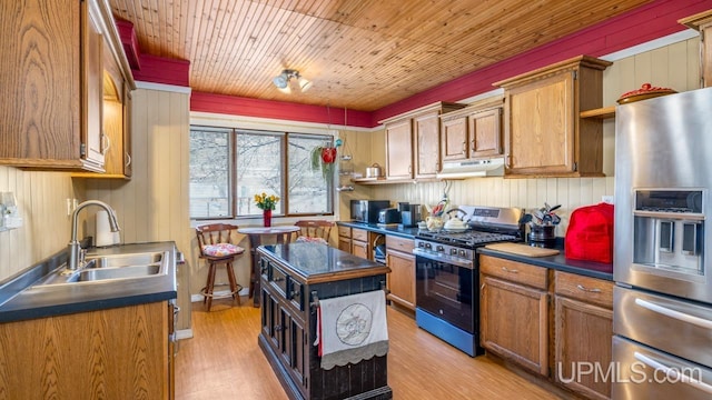 kitchen with appliances with stainless steel finishes, sink, wooden ceiling, and light wood-type flooring