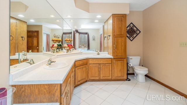 bathroom with vanity, toilet, and tile patterned flooring