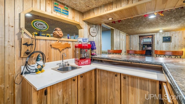 kitchen featuring wooden walls and sink