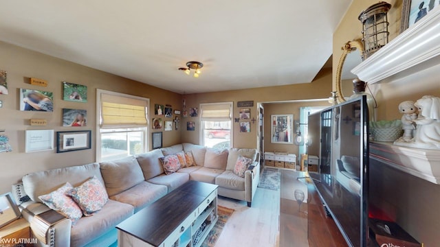 living room with light hardwood / wood-style floors