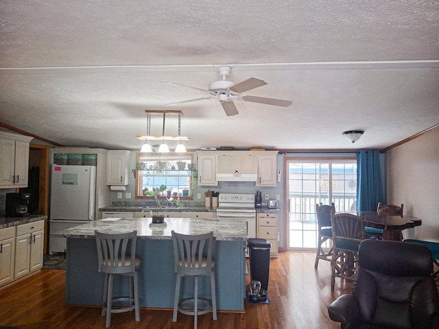 kitchen featuring pendant lighting, white appliances, a center island, and light stone counters