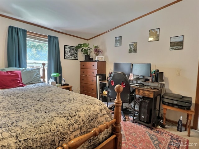 carpeted bedroom with ornamental molding