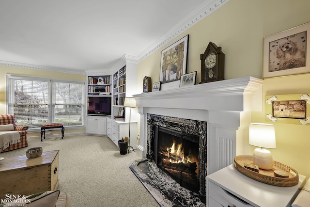 living room featuring ornamental molding, carpet flooring, and a fireplace