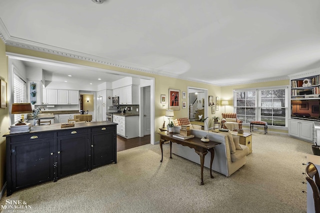 carpeted living room with sink and ornamental molding