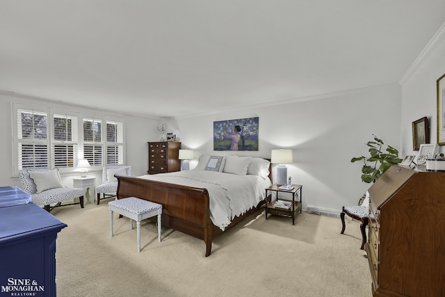 carpeted bedroom with ornamental molding