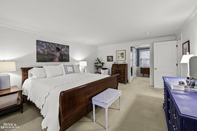 bedroom featuring light carpet and crown molding