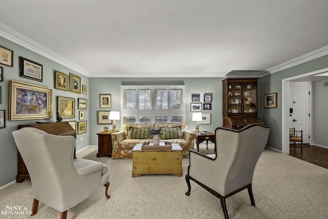 living room with ornamental molding and light carpet