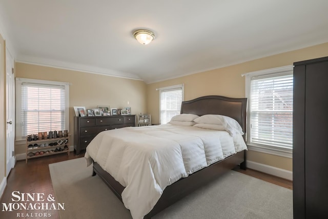 bedroom featuring lofted ceiling and dark hardwood / wood-style floors