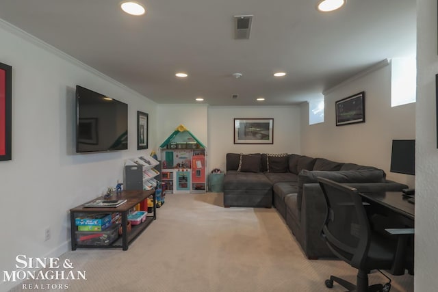 living room featuring ornamental molding and carpet floors