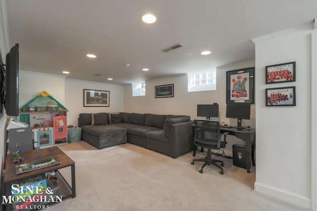 home office featuring light colored carpet and ornamental molding