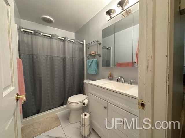 bathroom with vanity, toilet, and curtained shower