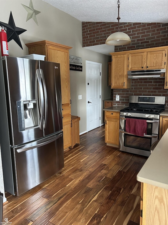 kitchen featuring pendant lighting, appliances with stainless steel finishes, dark wood-type flooring, a textured ceiling, and under cabinet range hood