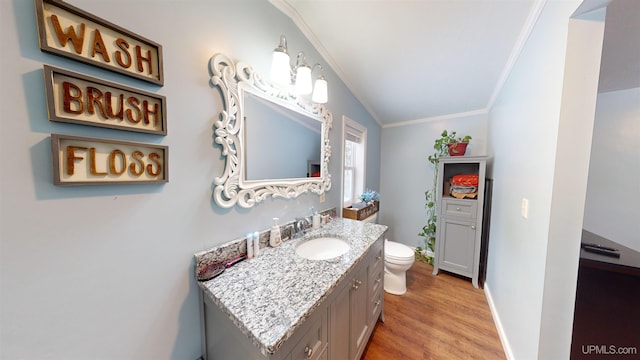 bathroom with vanity, hardwood / wood-style floors, ornamental molding, and toilet