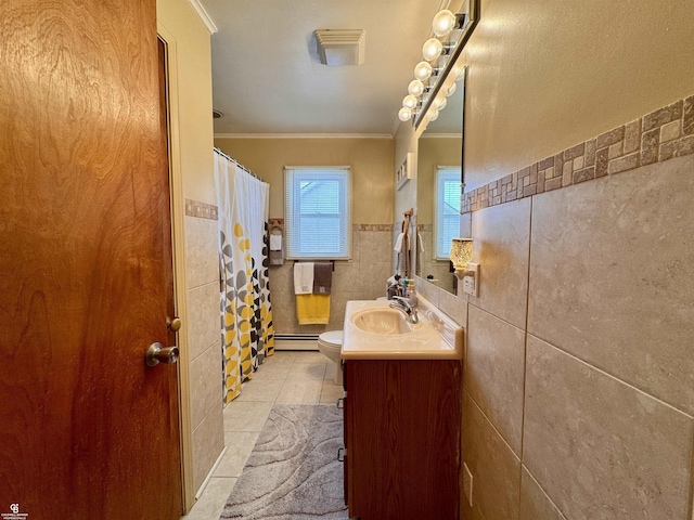 bathroom with vanity, ornamental molding, tile walls, and toilet