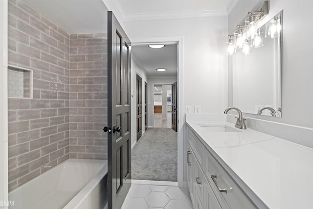 bathroom featuring tile patterned floors, ornamental molding, and vanity