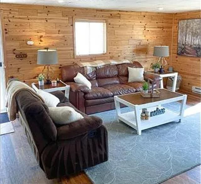 living room with wooden walls and hardwood / wood-style floors