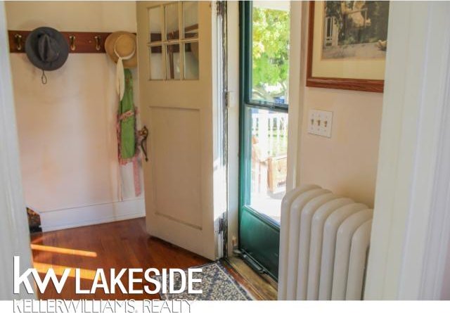 doorway to outside featuring radiator, dark hardwood / wood-style floors, and a healthy amount of sunlight