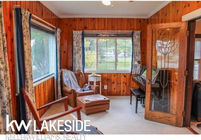 living area with crown molding and wood walls