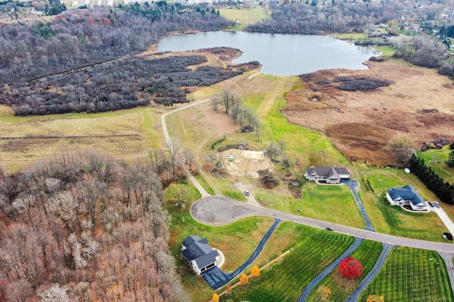 drone / aerial view with a rural view and a water view