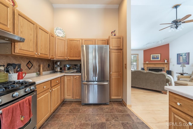 kitchen featuring appliances with stainless steel finishes, ventilation hood, dark hardwood / wood-style flooring, decorative backsplash, and ceiling fan