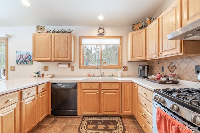 kitchen with extractor fan, tasteful backsplash, dishwasher, sink, and stainless steel gas range