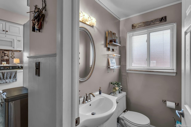 bathroom featuring ornamental molding, sink, and toilet