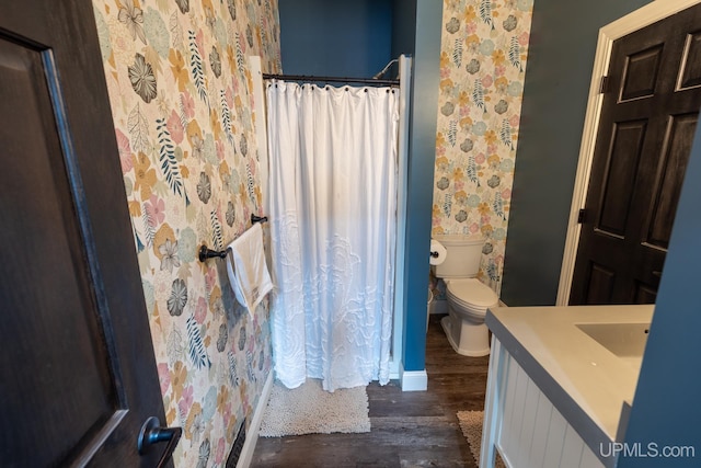 bathroom with vanity, wood-type flooring, and toilet