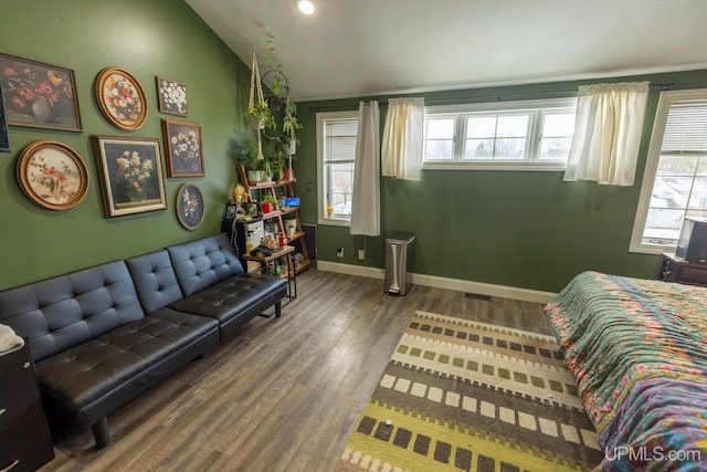 interior space with lofted ceiling and dark wood-type flooring