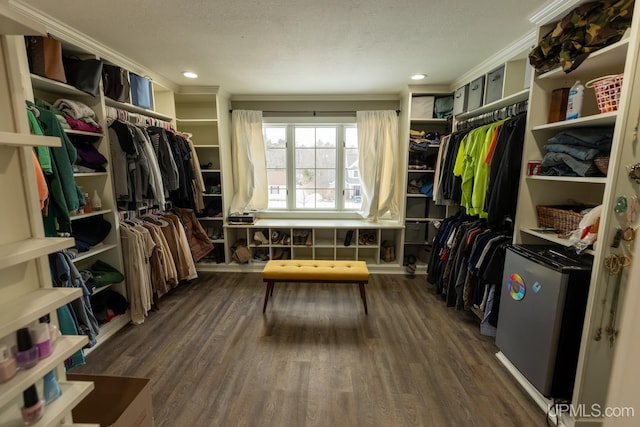 walk in closet with dark wood-type flooring