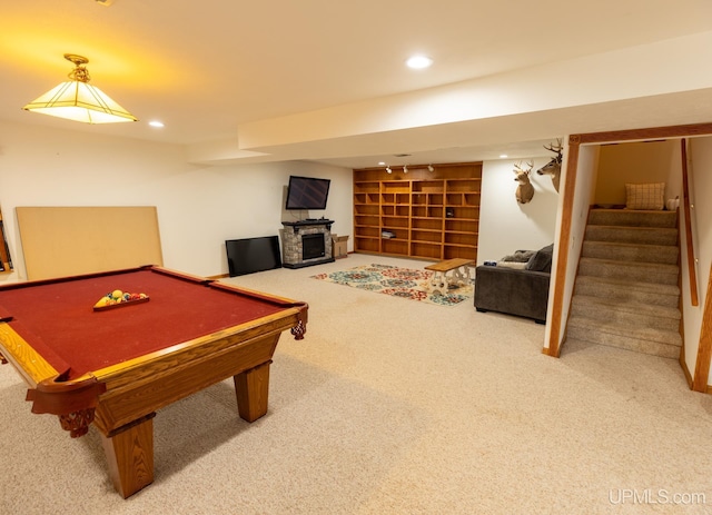 game room with billiards and carpet